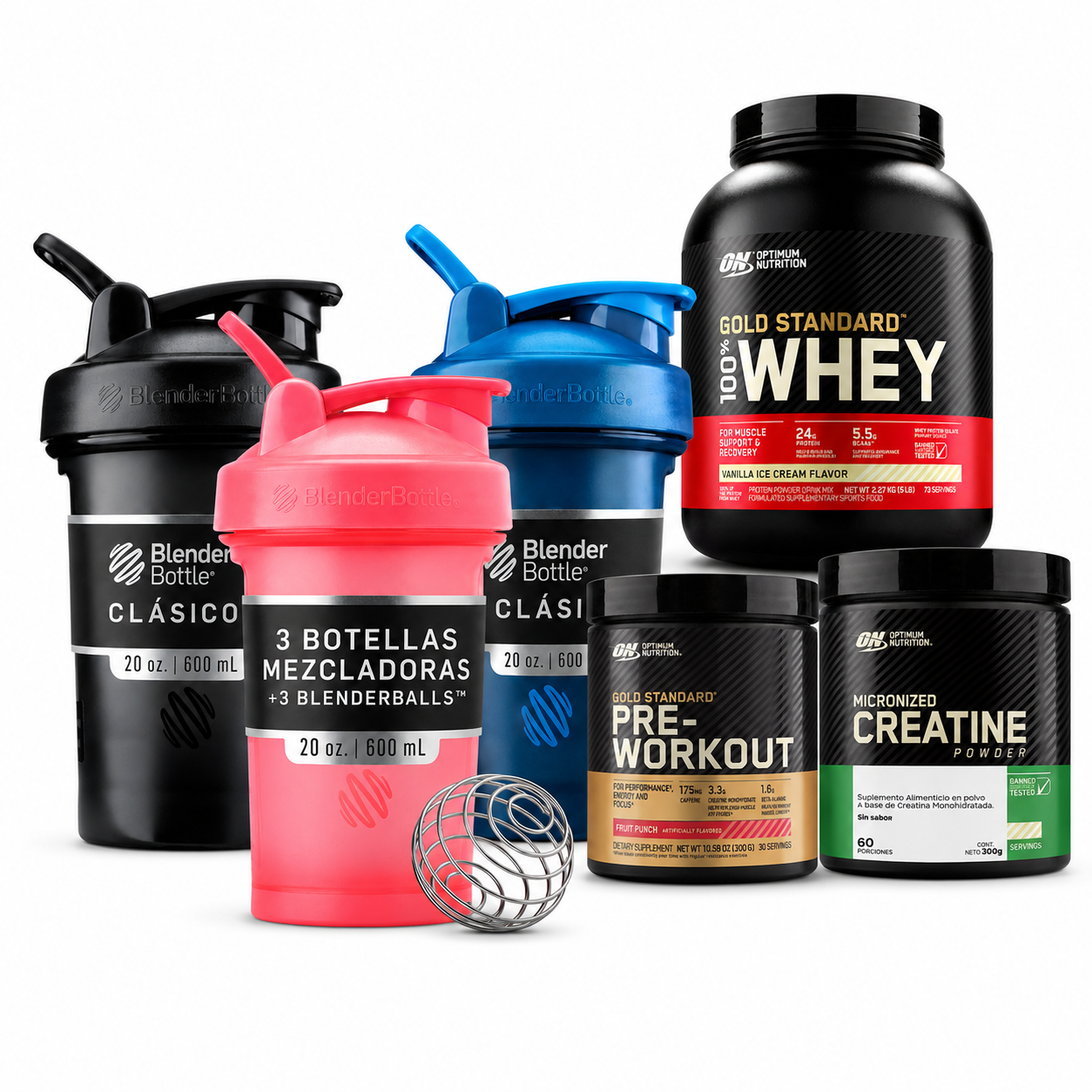 Pre-entreno + Creatina + 3 Shakers profesionales